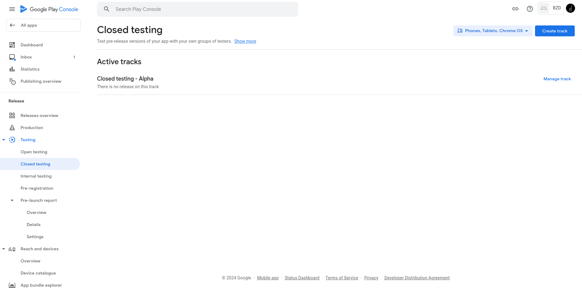Screenshot of Google Play Console Closed Testing