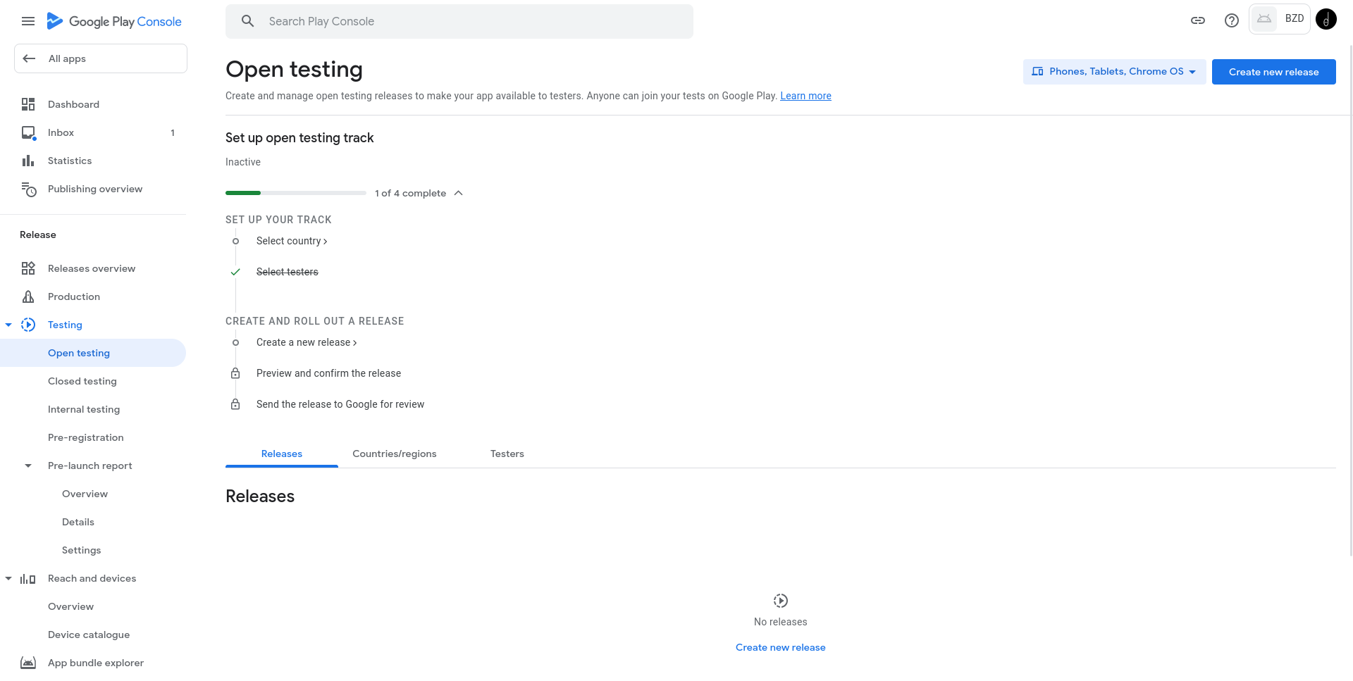 Screenshot of Google Play Console Open Testing