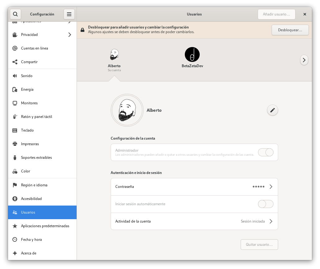 User management in the Gnome system administration panel