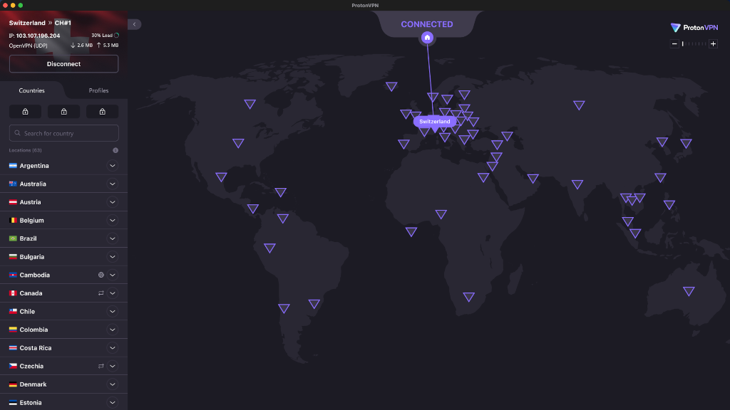 ProtonVPN user interface showing a world map with available VPN servers in several countries, with an active connection to a server in Switzerland. The interface also displays the VPN connection status, data traffic, and a list of server locations in different countries.