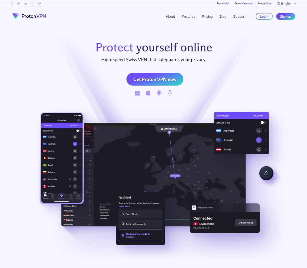 Promotional screen of ProtonVPN showing a user interface with a world map of VPN servers. The image includes the ProtonVPN app interface on mobile and desktop, with options to connect to servers in countries like Argentina, Australia, and Switzerland. Security features like NetShield, which blocks malware and trackers, are highlighted, along with action buttons to sign up or log in.